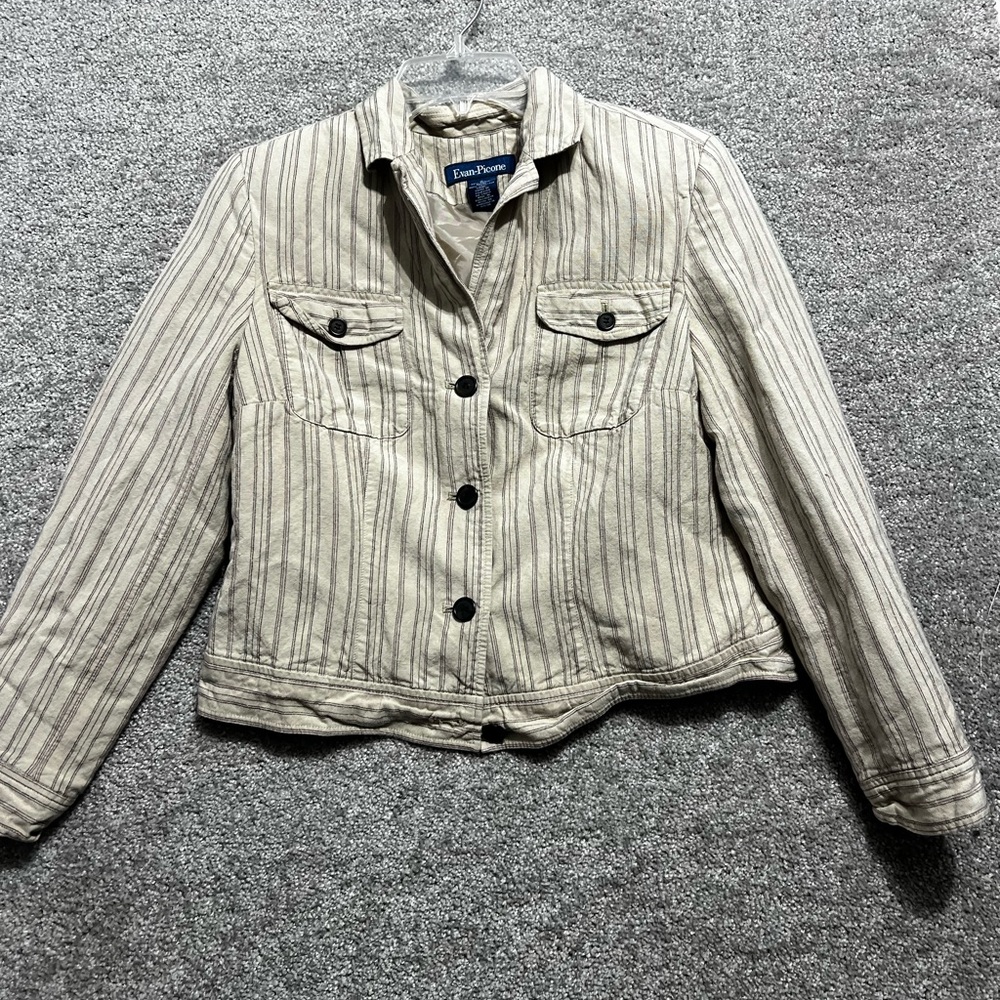 Evan Picone Linen Blend Khaki Beige Cropped Pin Striped Jacket Blazer Size 8